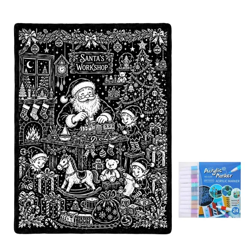 A — Santa’s Workshop coloring blanket, full design